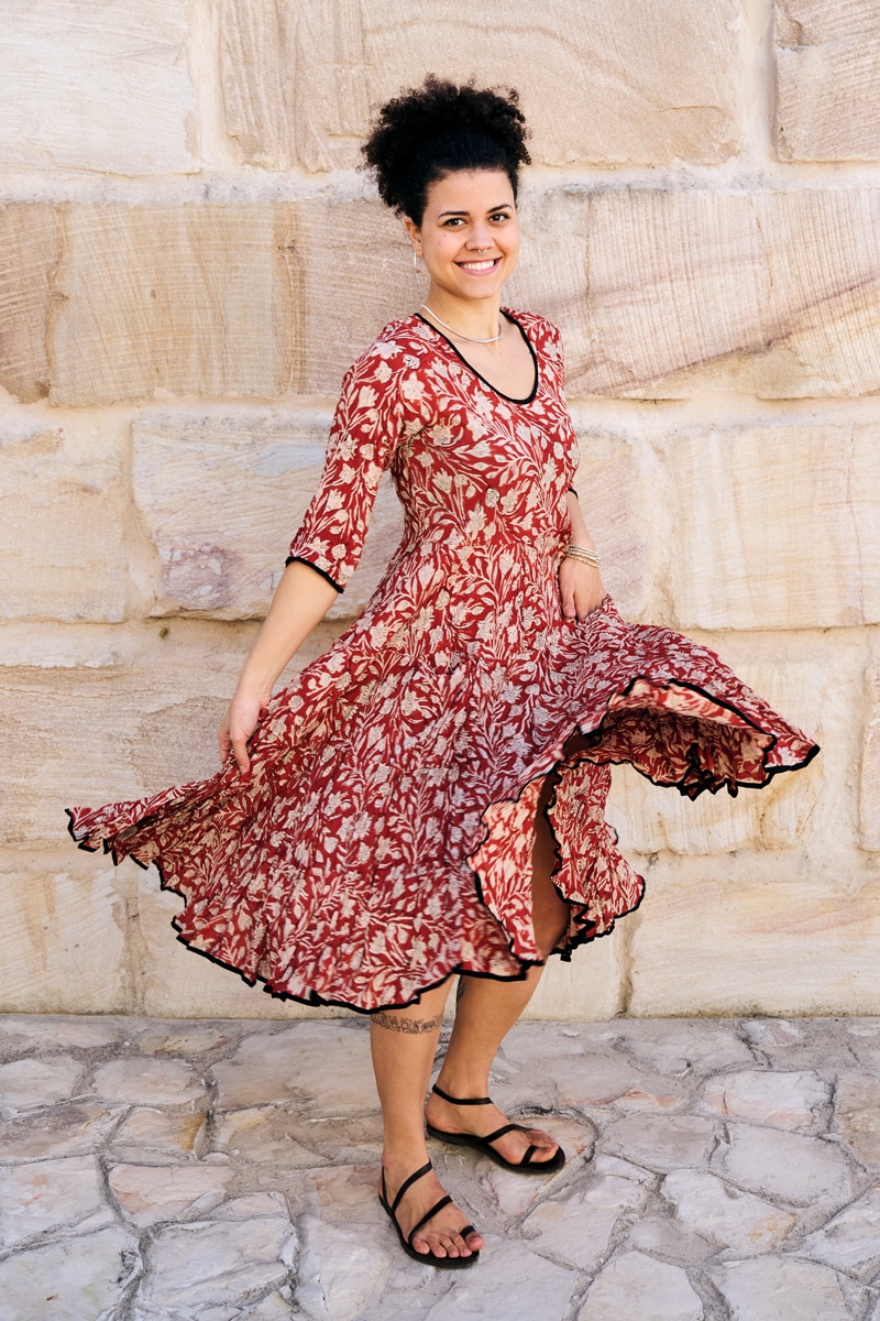 Womens, midi, Flamenco Dress, 100% Cotton, hand block print. Natural Rustic Red Rubira