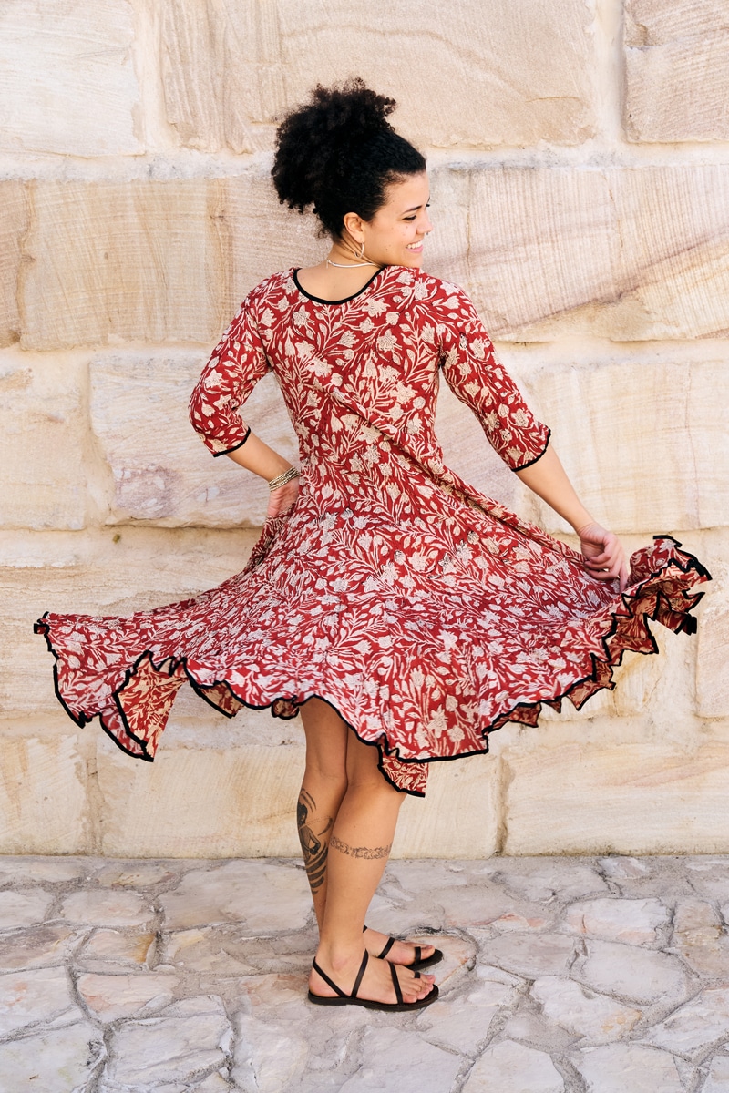 Womens, midi, Flamenco Dress, 100% Cotton, hand block print. Natural Rustic Red Rubira