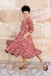 Womens, midi, Flamenco Dress, 100% Cotton, hand block print. Natural Rustic Red Rubira