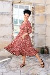 Womens, midi, Flamenco Dress, 100% Cotton, hand block print. Natural Rustic Red Rubira