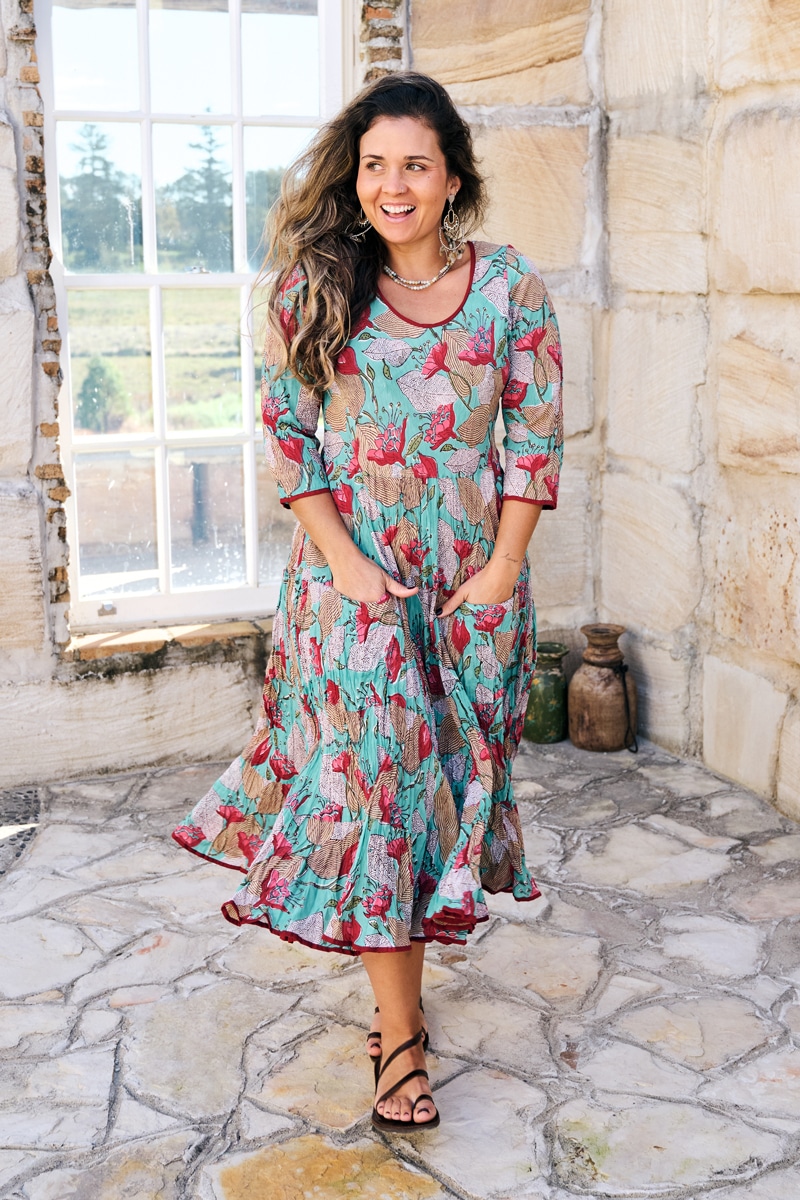 Womens, midi, Flamenco Dress, 100% Cotton, hand block print. Vaya