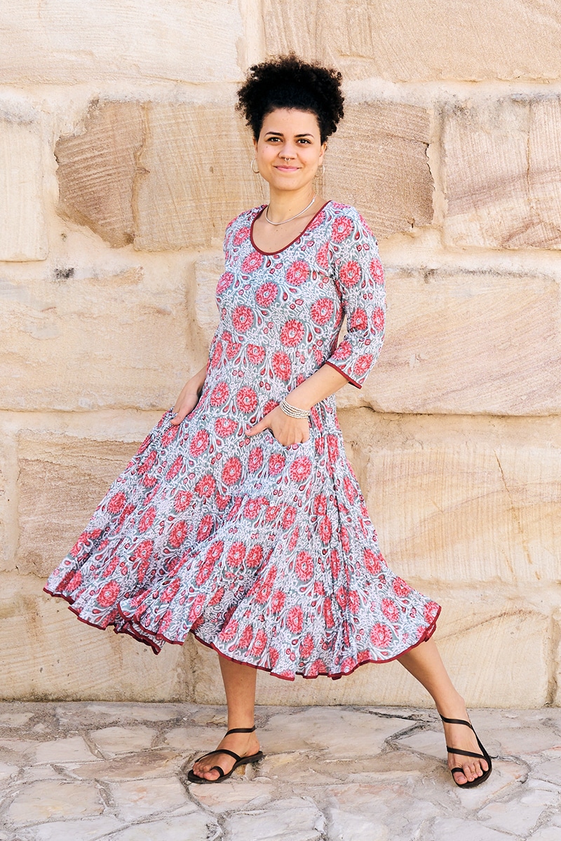 Womens, midi, Flamenco Dress, 100% Cotton, hand block print. Floria