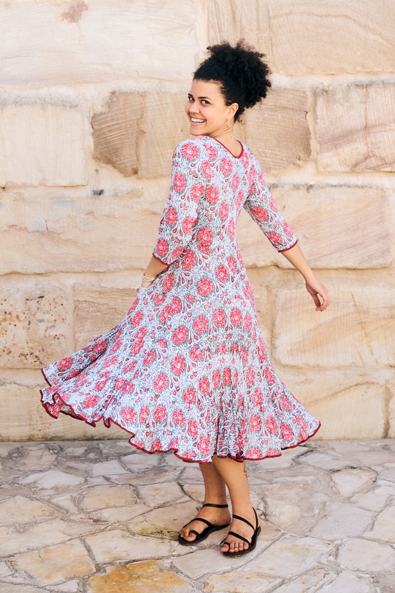 Womens, midi, Flamenco Dress, 100% Cotton, hand block print. Floria