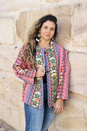 Womens Pachari Jacket, viscose/wool embroidered, vibrant Andean Sol