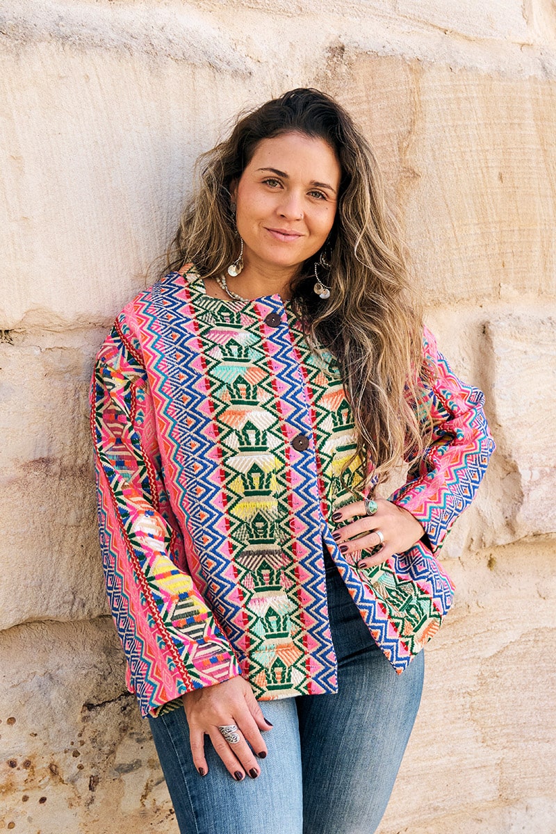 Womens Pachari Jacket, viscose/wool embroidered, vibrant Andean Sol