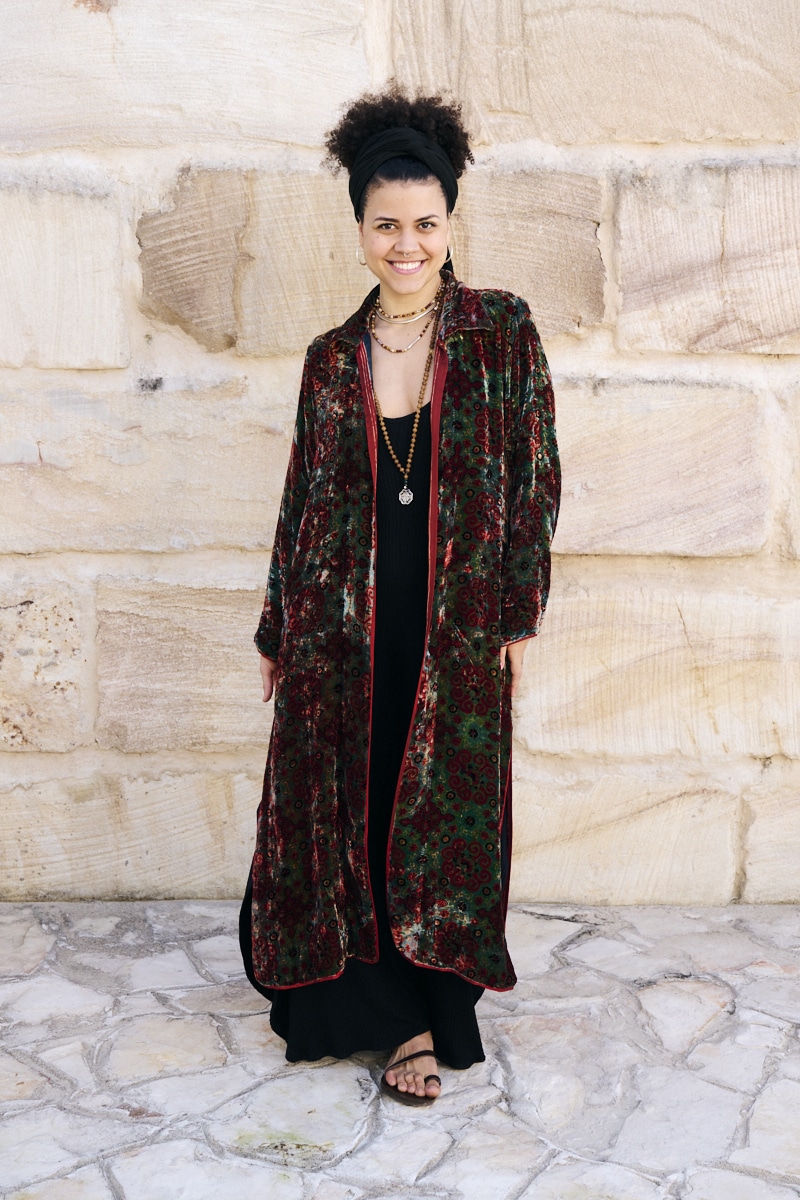 Womens, Odessa Silk Velvet Coat, hand block print, full body length with pockets, in Kashi