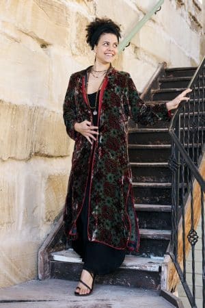 Womens, Odessa Silk Velvet Coat, hand block print, full body length with pockets, in Kashi