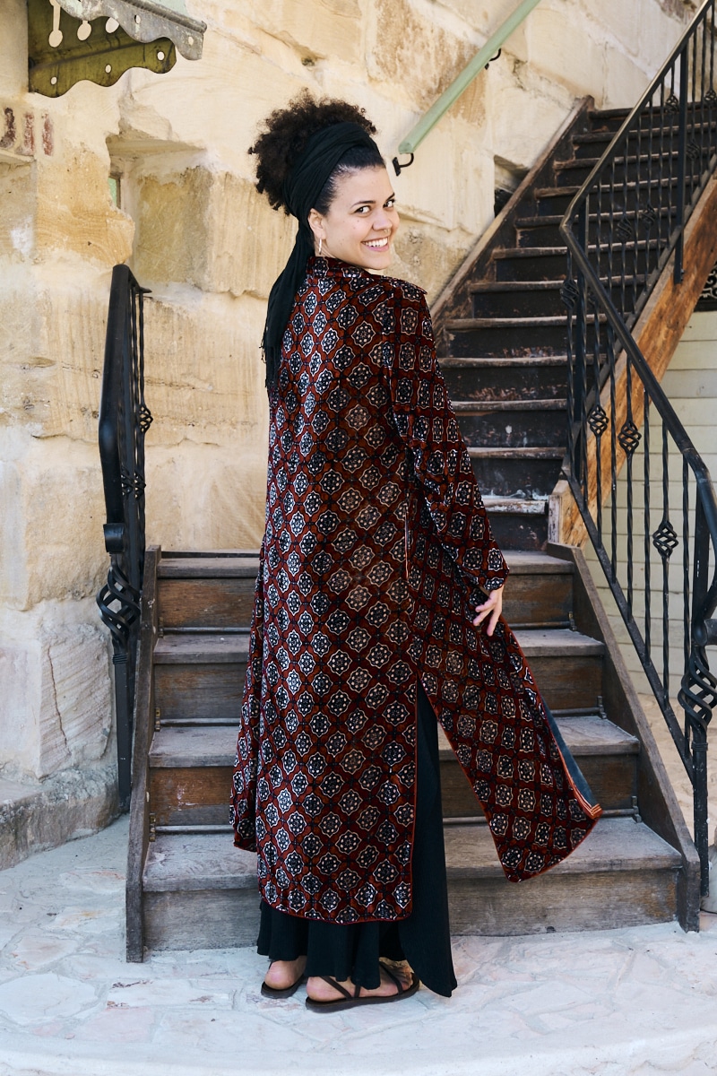 Womens, Odessa Silk Velvet Coat, hand block print, full body length with pockets, Tazia