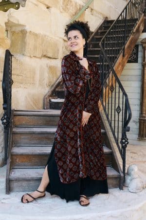 Womens, Odessa Silk Velvet Coat, hand block print, full body length with pockets, Tazia