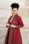 Womens Persian Luxe Coat, hand embroidered, red cranberry