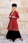 Womens Persian Luxe Coat, hand embroidered, red cranberry