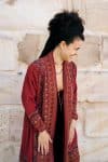 Womens Persian Luxe Coat, hand embroidered, red cranberry