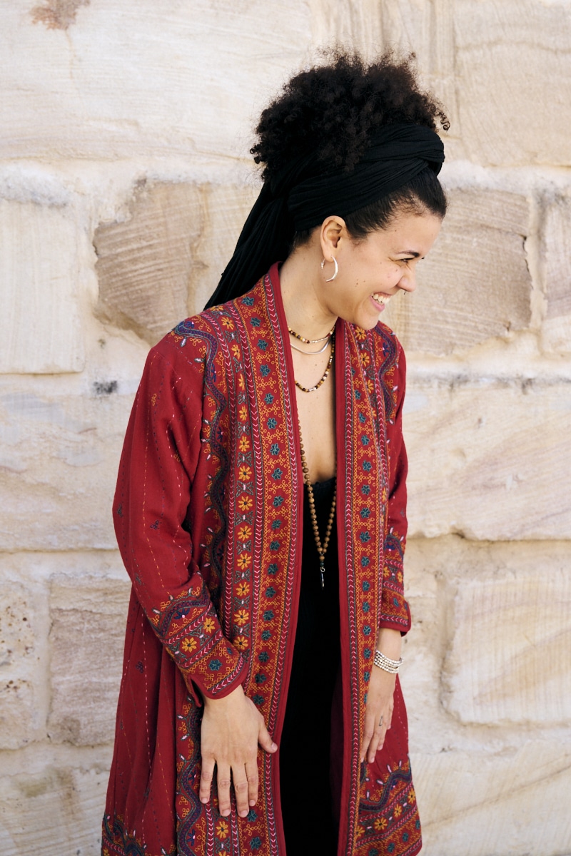 Womens Persian Luxe Coat, hand embroidered, red cranberry