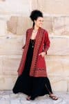 Womens Persian Luxe Coat, hand embroidered, red cranberry