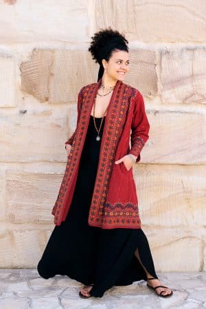 Womens Persian Luxe Coat, hand embroidered, red cranberry