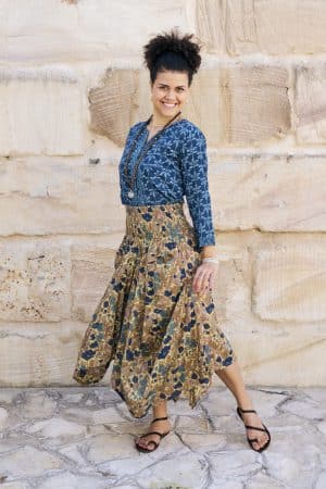 Womens, Coco Skirt In Autumn toned - Myridia and Mandalay blouse Indigo Rasa. 100% cotton, hand block print.