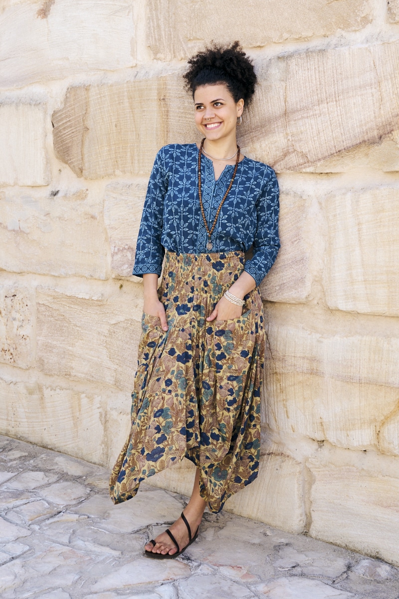 Womens, Coco Skirt In Autumn toned - Myridia and Mandalay blouse Indigo Rasa. 100% cotton, hand block print.