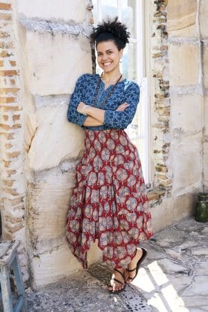 Womens, Coco Skirt In red Pomeray and Mandalay blouse in Indigo Rasa. 100% cotton, hand block print.