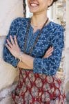 Womens, Coco Skirt In red Pomeray and Mandalay blouse in Indigo Rasa. 100% cotton, hand block print.