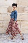 Womens, Coco Skirt In red Pomeray and Mandalay blouse in Indigo Rasa. 100% cotton, hand block print.