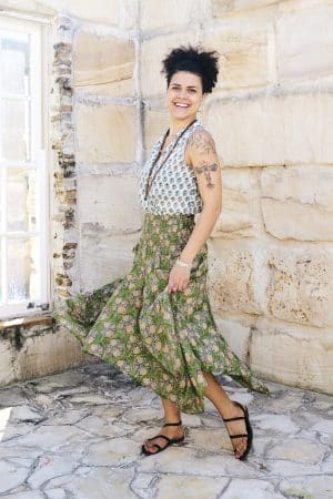 Womens, Coco Skirt in vibrant green Edentree & Tagai Top Rhapsody. 100% cotton, hand block print.