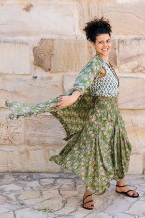 Womens, Coco Skirt and Shimla Coat in vibrant green Edentree & Tagai Top Rhapsody. 100% cotton, hand block print.