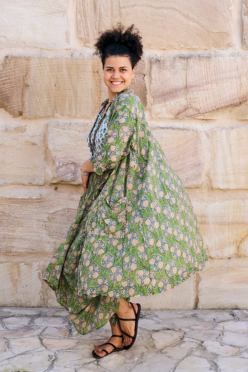 Womens, Coco Skirt and Shimla Coat in vibrant green Edentree & Tagai Top Rhapsody. 100% cotton, hand block print.