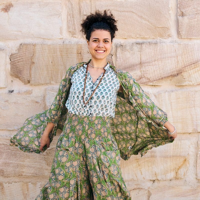 Womens, Coco Skirt and Shimla Coat in vibrant green Edentree & Tagai Top Rhapsody. 100% cotton, hand block print.