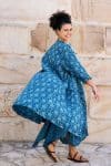 Womens, Shimla Coat, 7/8 sleeve, 100% cotton, hand block print. In natural Indigo Lila print.