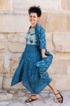 Womens, Coco Skirt In Indigo Tala and Tagai top in Naspal Tulip. 100% cotton, hand block print. Shimla Coat Indigo Lila