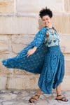 Womens, Coco Skirt In Indigo Tala and Tagai top in Naspal Tulip. 100% cotton, hand block print. Shimla Coat Indigo Lila