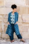 Womens, Sol Pants in Boho Blue and Tagai top in Naspal Tulip. 100% cotton, hand block print. Shimla Coat Indigo Lila