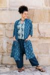 Womens, Sol Pants in Boho Blue and Tagai top in Naspal Tulip. 100% cotton, hand block print. Shimla Coat Indigo Lila