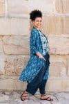 Womens, Sol Pants in Boho Blue and Tagai top in Naspal Tulip. 100% cotton, hand block print. Shimla Coat Indigo Lila