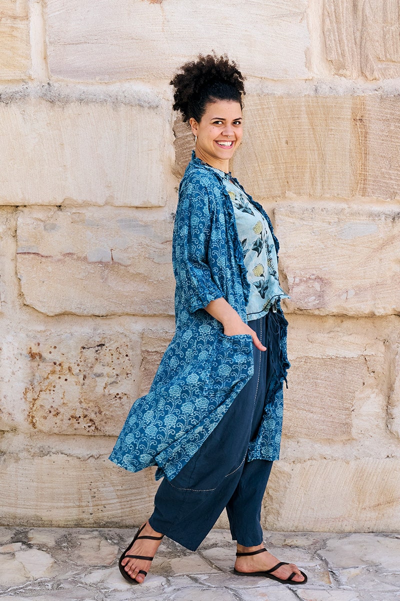 Womens, Sol Pants in Boho Blue and Tagai top in Naspal Tulip. 100% cotton, hand block print. Shimla Coat Indigo Lila