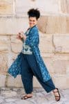 Womens, Sol Pants in Boho Blue and Tagai top in Naspal Tulip. 100% cotton, hand block print. Shimla Coat Indigo Lila