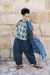 Womens, Sol Pants in Boho Blue and Tagai top in Naspal Tulip. 100% cotton, hand block print. Shimla Coat Indigo Lila