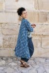100% cotton, hand block print. In natural Indigo Lila print.