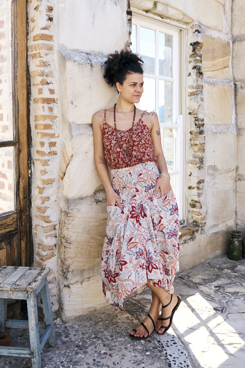 Womens, Coco Skirt In Roshan and Sita Tunic in Rustic Red. 100% cotton, hand block print.