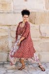 Womens, Coco Skirt In Roshan Sita Tunic in Rustic Red and Shimla Coat in Kalika. 100% cotton, hand block print.