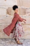 Womens, Coco Skirt In Roshan Sita Tunic in Rustic Red and Shimla Coat in Kalika. 100% cotton, hand block print.