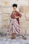 Womens, Coco Skirt In Roshan Sita Tunic in Rustic Red and Shimla Coat in Kalika. 100% cotton, hand block print.