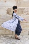 Womens, Tula Coat in Kamala, Sol Pants in Boho Blue and Lola Top in Dandelion. 100% cotton, hand block print.