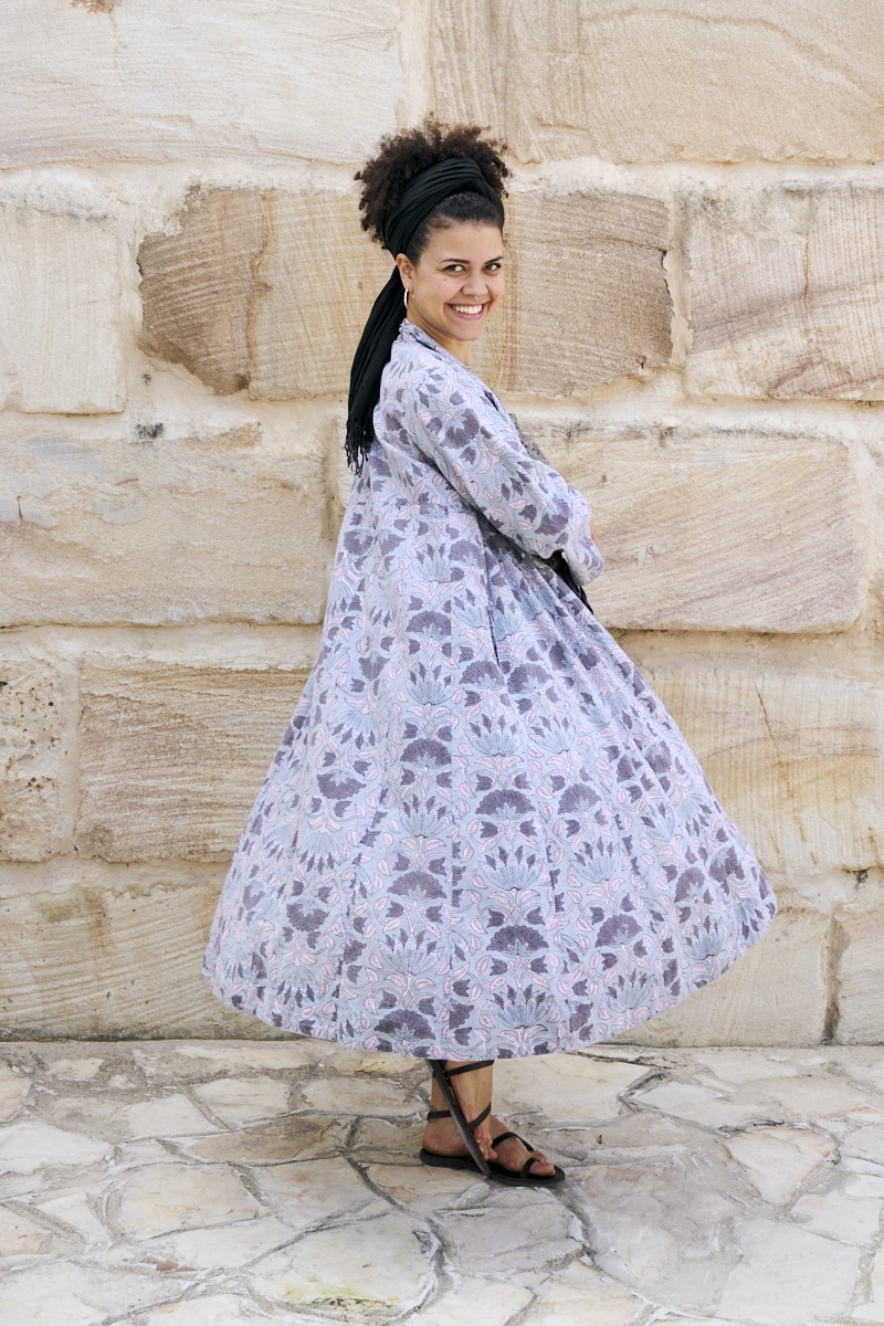 Womens, Tula Coat in Kamala, Sol Pants in Boho Blue and Lola Top in Dandelion. 100% cotton, hand block print.