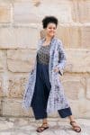 Womens, Tula Coat in Kamala, Sol Pants in Boho Blue and Lola Top in Dandelion. 100% cotton, hand block print.