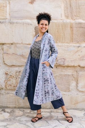 Womens, Tula Coat in Kamala, Sol Pants in Boho Blue and Lola Top in Dandelion. 100% cotton, hand block print.