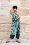 Womens, Shimla Coat in Naspal Figaris, Sol Pants in Boho Blue and Lola Top in Dandelion. 100% cotton, hand block print.