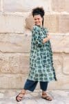 Womens, Shimla Coat in Naspal Figaris, Sol Pants in Boho Blue and Lola Top in Dandelion. 100% cotton, hand block print.
