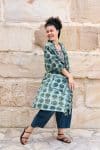 Womens, Shimla Coat in Naspal Figaris, Sol Pants in Boho Blue and Lola Top in Dandelion. 100% cotton, hand block print.
