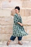 Womens, Shimla Coat in Naspal Figaris, Sol Pants in Boho Blue and Lola Top in Dandelion. 100% cotton, hand block print.
